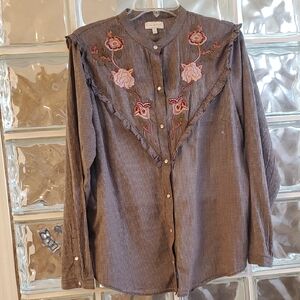 Lucky Brand Black and White Checkered Blouse With Embroiderey